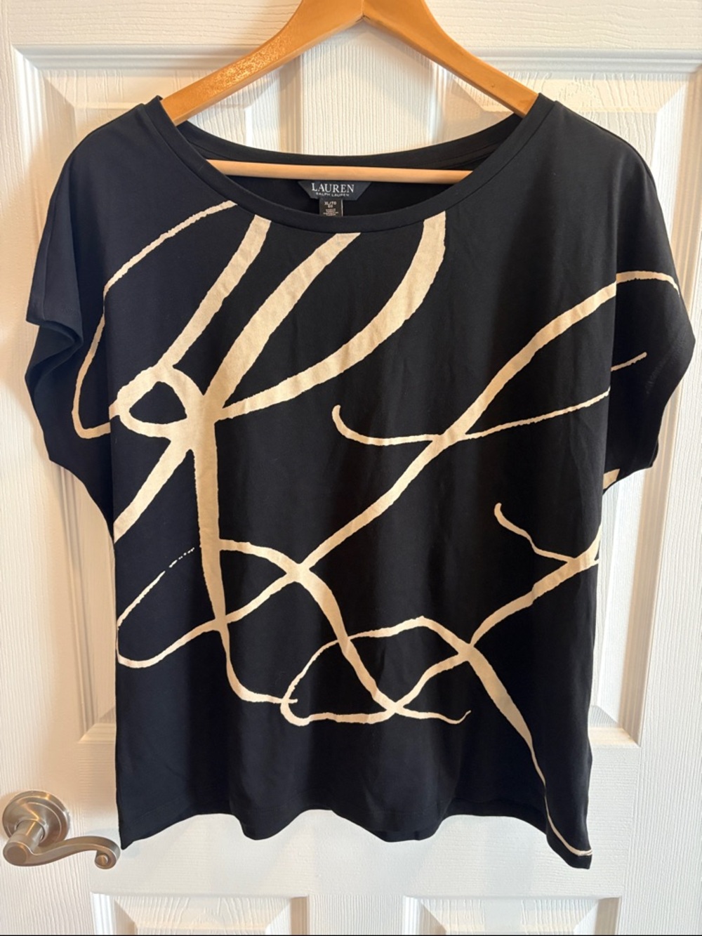 Lauren Ralph Lauren Women Black Short Sleeve Top with Abstract Script Size XL